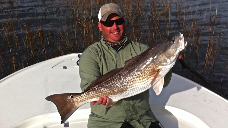 Fishing guide holds spottail bass caught on charter
